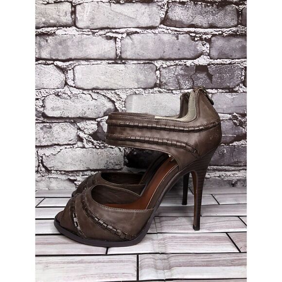Leon Max Brown Leather Peep Toe Back Zipper Stiletto Heels Women Sz 8.5M US/39EU - Picture 1 of 16